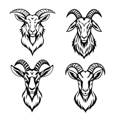 Goat head illustration set, farm animal vector design, domestic livestock face art, rustic horned goat drawing, vintage agriculture emblem