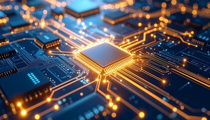 Obraz premium Futuristic CPU Chip with Glowing Circuits Technology with Computer, and Electronic Components.