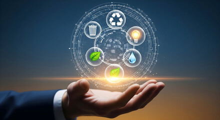 Hand holding eco-friendly symbols representing sustainability and environmental protection