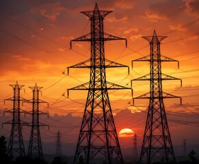 Dramatic sunset silhouettes massive power line towers, conveying energy and industrial might.
