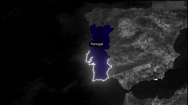 Satellite view of portugal highlighted on a map of europe with a dark background effect style