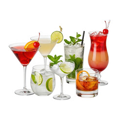 Assortment of colorful cocktails and drinks isolated on transparent background