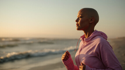 Bald woman jogging on beach in pink sportswear for Breast Cancer Awareness