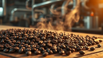 Obraz premium Freshly roasted coffee beans on wood with aromatic steam in warm directional light.