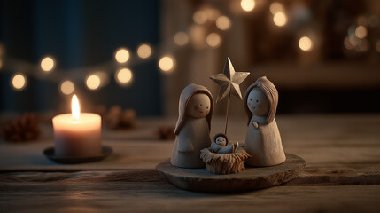 Wooden nativity scene with candle and star. Advent. Christmas. Presépio.