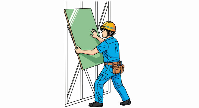 Vector illustration of worker installing green drywall panel on metal frame, construction site scene. Construction worker in blue uniform and yellow hard hat mounting building material.