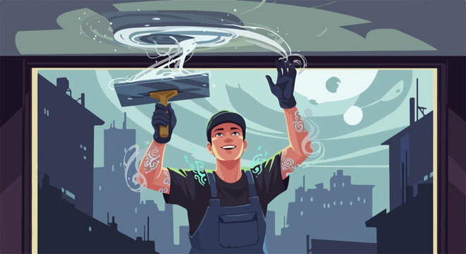 Vector illustration of a man cleaning a window with a squeegee and soap, cityscape background. Man in apron and gloves washing window with cleaning tools. Concept for cleaning services.