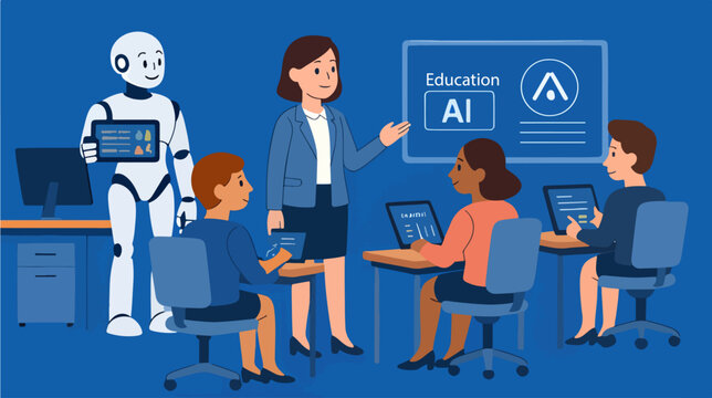 AI technology in education. Robot assist teacher by lesson. Character use artificial intelligence generative tools for learning, teaching, exam preparation, educational program. Vector illustration.