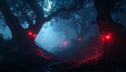 Fototapeta premium Haunted Forest at Night, Spooky Dark Woods with Eerie Atmosphere