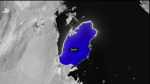 A blue qatar country map with a black background and white clouds on the left side of the image
