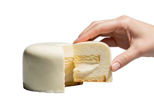 Pristine, glossy white chocolate mousse cake, sliced to reveal velvety cream and biscuit base, gently held by a graceful hand on a transparent background, concept of delicate indulgence