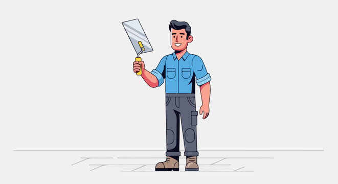 Cartoon man holding a squeegee, cleaning tool in hand, standing on a floor.