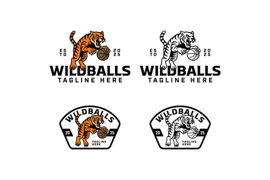 Tiger gripping basketball retro badge logo vector design set for sports mascot. Fierce big cat holding ball vintage emblem logo graphic pack. Feline clutching ball illustration patch element design