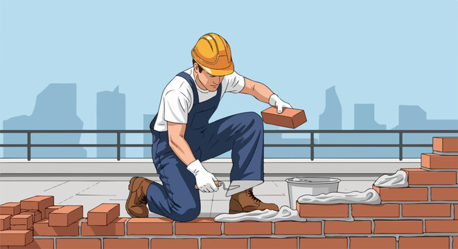 Vector illustration of construction worker building brick wall on rooftop with city skyline background.