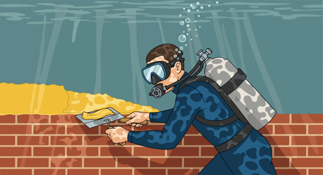 Scuba diver in blue wetsuit collecting gold coins underwater, vector illustration of treasure hunter.