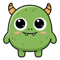 Cute Green Cartoon Monster with Horns and Big Eyes Illustration.
