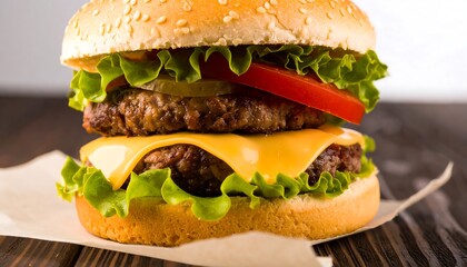 Close-up of a juicy cheeseburger on parchment paper