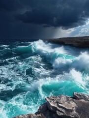 Dramatic Ocean Waves Crash Against Rocky Shoreline Under Dark Sky