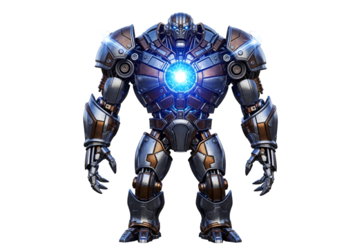 A powerful, metallic automaton, crafted with intricate details and glowing energy core, stands against a stark black backdrop.