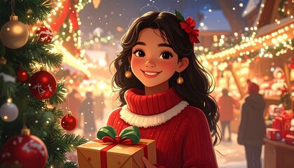 Festive cheer: Smiling young woman amidst a vibrant christmas market scene