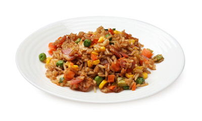 Delicious fried rice with vegetables and bacon isolated on white