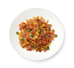 Delicious fried rice with vegetables and bacon isolated on white, top view