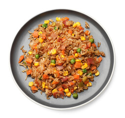 Delicious fried rice with vegetables and bacon isolated on white, top view