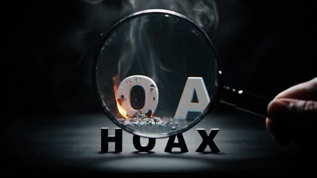 A magnifying glass critically examines the burning letters 'OA' within the word 'HOAX', symbolizing the intense investigation and exposure of deception and fake news.
