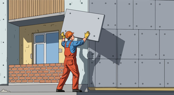 Construction worker installing facade panels on building exterior, vector illustration of exterior renovation and building improvement.