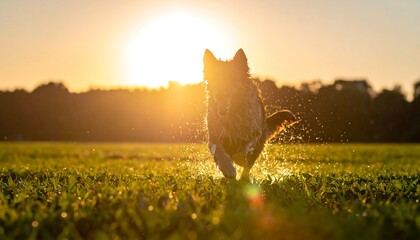 Dog running at sunset
