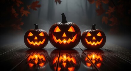 Three carved halloween pumpkins with glowing faces on a reflective wooden surface