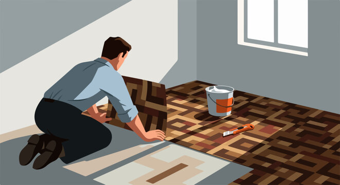 Home renovation vector illustration of man installing wood patterned flooring, DIY home improvement project with tools and materials, interior design concept for renovation services.
