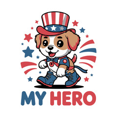 Cute dog in patriotic outfit, my hero character illustration, festive kids design vector, holiday celebration artwork, adorable national pride themed graphic