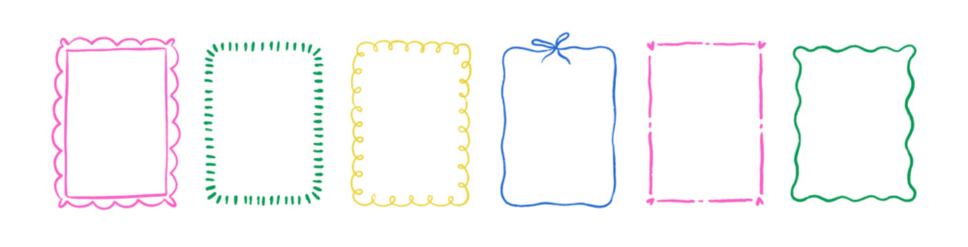 Frames in modern doodle scribble style. Cute line border ornaments, decorations. Curly decorative contour patterns, rectangle picture. Hand-drawn vector illustrations set isolated on white background