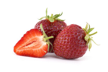 Fresh, juicy strawberries on a white backdrop, perfect for culinary and healthy eating concepts.