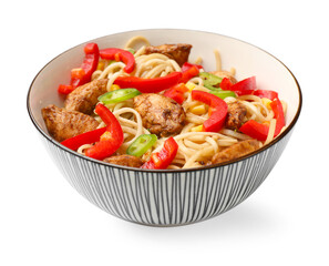 Delicious noodles with meat and vegetables in bowl isolated on white