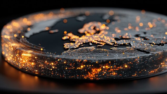 European continent, a 3D map, glowing particles