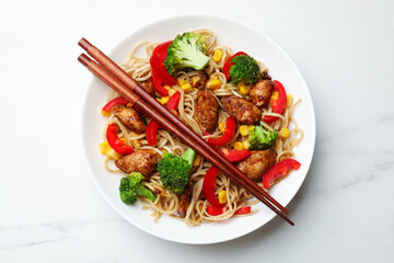 Delicious noodles with meat, vegetables and chopsticks on white marble table, top view