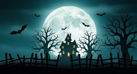 Fototapeta premium Spooky haunted house silhouette against a large full moon with bats flying