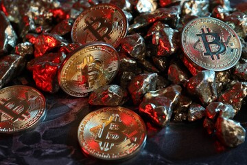 Bitcoins and gold nuggets on table in red light, closeup