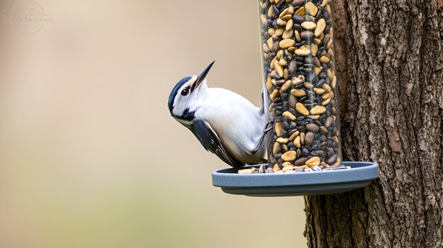 Eurasian nuthatch bird feeding on feeder
