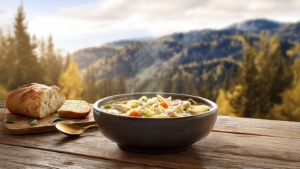 A warm, steaming bowl of homemade chicken noodle soup sits on a rustic table, perfect for a cozy Thanksgiving dinner with a beautiful autumn forest background.