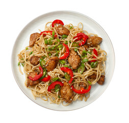 Tasty noodles with chicken, green onions and vegetables isolated on white, top view