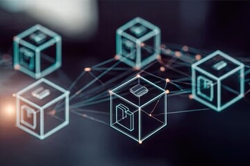 Abstract digital network of interconnected cubes, each with icons