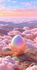 A iridescent egg atop a mountain, nestled in clouds.  Pastel pink and peachy hues.  Sunrise or sunset sky