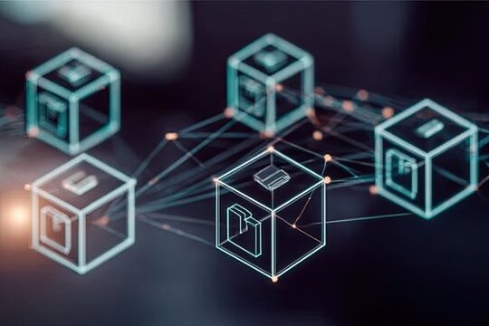 Abstract digital network of interconnected cubes, each with icons