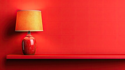 Red room shelf with orange lamp