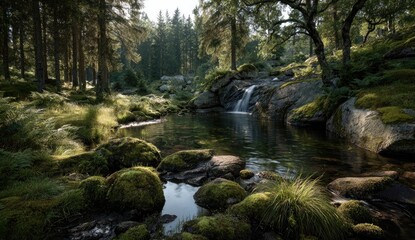 Fototapeta premium Forest stream cascading over rocks, mossy banks