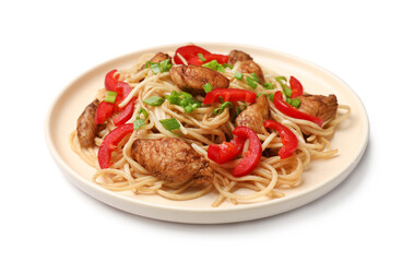Tasty noodles with chicken, green onions and vegetables isolated on white