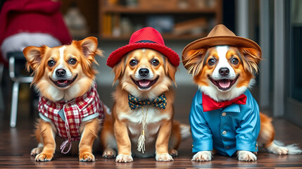 Image of dogs dressed as humans can be used in advertising, social media or marketing that require a sense of humor and interest to connect with the audience in a relaxed and friendly atmosphere.